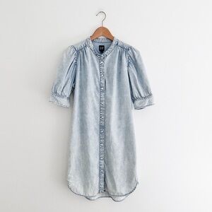 Gap Light Wash Puff Sleeve Denim Shirt Dress Women's Button Front Chambray Dress